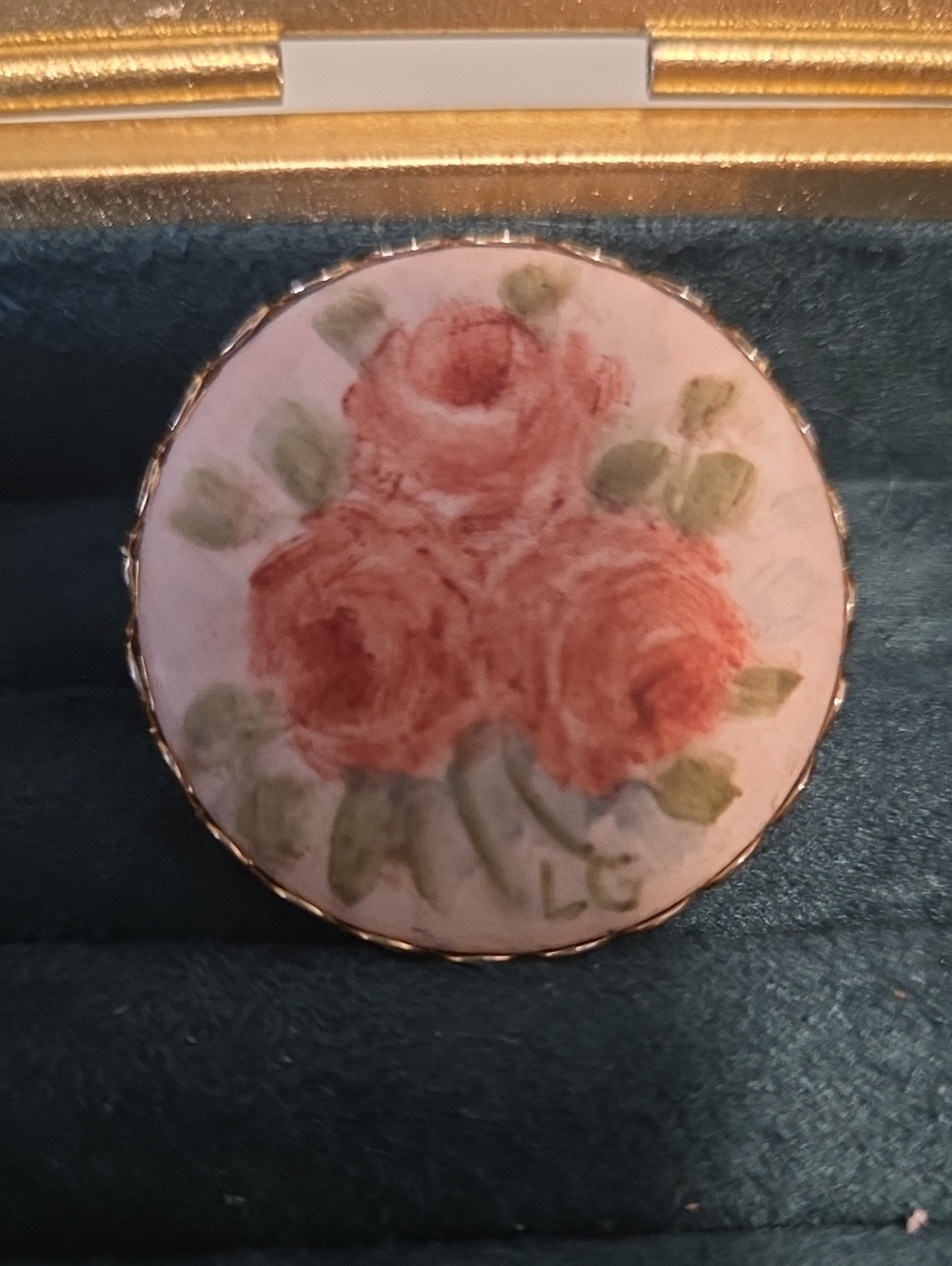 Hand-Painted Floral Round Brooch - Pink Roses